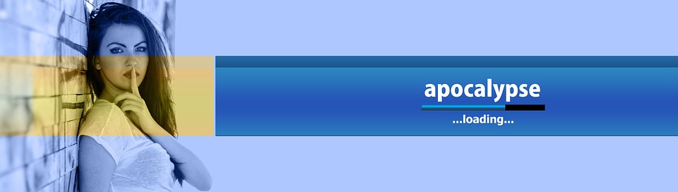 A woman gestures for silence against a stylized backdrop with the word "apocalypse" and a climate-related loading bar.