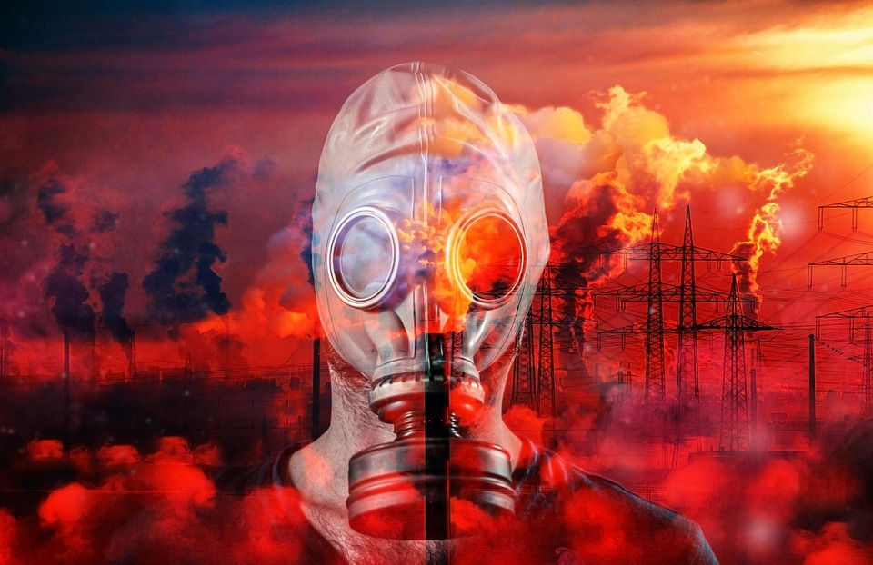 A composite image depicting a person wearing a gas mask with a background of industrial pollution and fiery skies due to climate change.