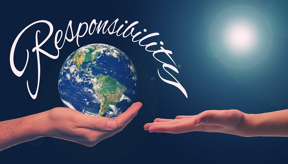 Two hands reaching towards each other with a stylized earth globe floating above, featuring climate zones, and the word "responsibility" written above the scene.