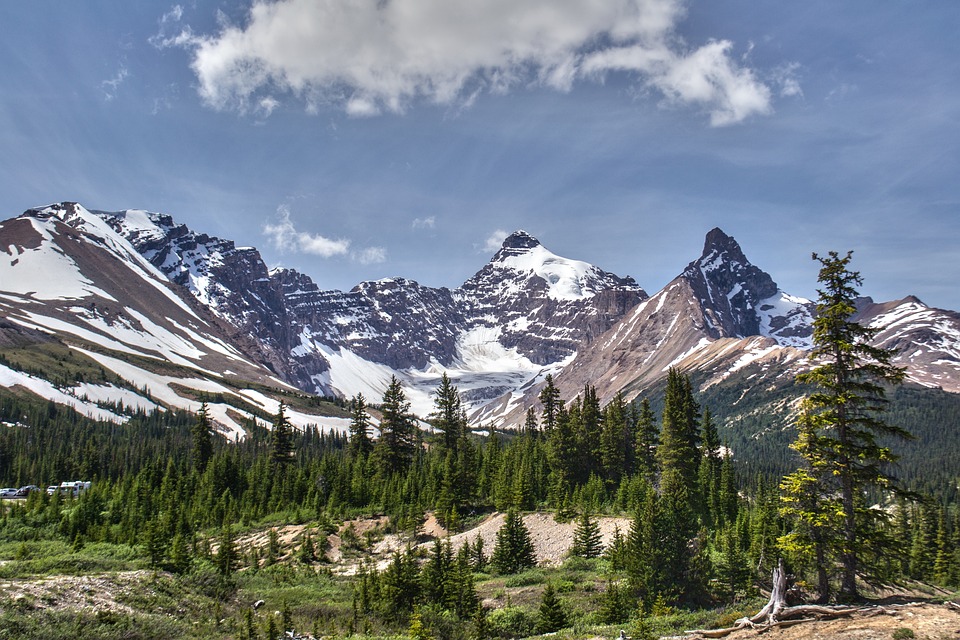 Alpine landscape showcasing snow-capped peaks and coniferous forest under a partly cloudy sky, influenced by the mountain's unique climate.