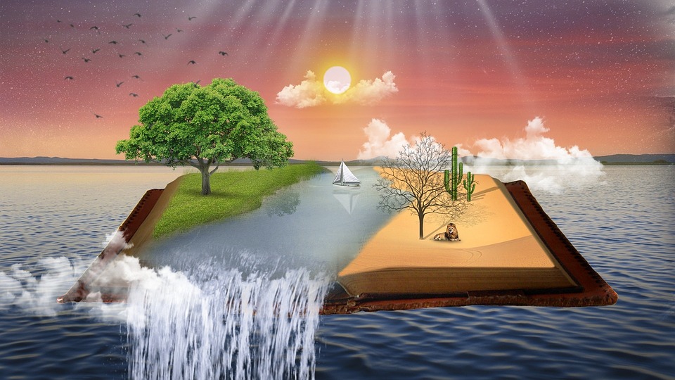 A surreal digital artwork depicting an open book with two contrasting ecosystems emerging from its pages, one vibrant and the other barren due to climate effects, against a backdrop of a sunset sky.
